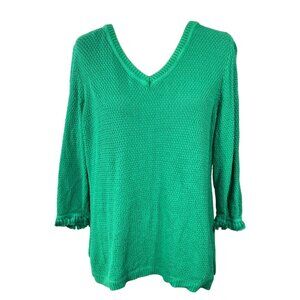 Talbots Knit Sweater Fringe Sleeve Kelly Green Size L Large Cotton V-Neck